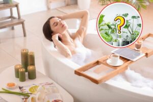 donna nella vasca da bagno e punto interrogativo su piante